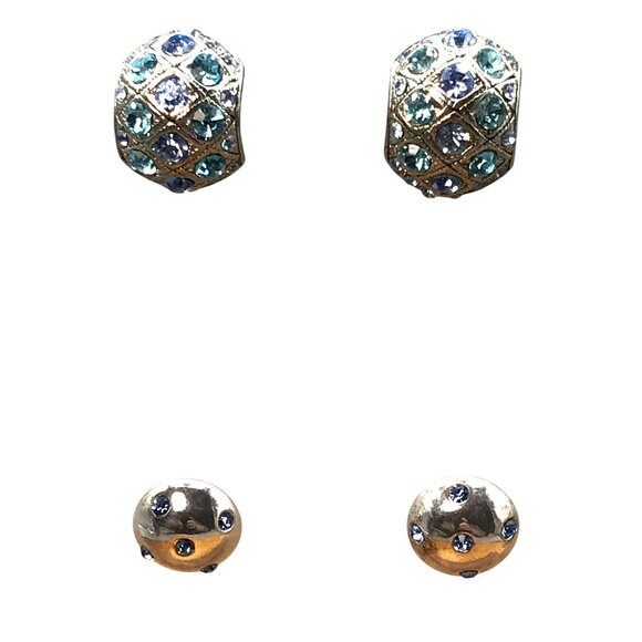 Crystal Studded Earrings Lot, 2 Pr Silver Tone with Blue Rhinestones, Fun Bundle - Picture 1 of 4